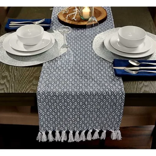 Blue Mini Diamond Fringe End Table Runner, 108 in.