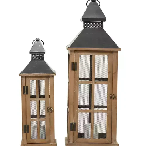 Brown Windowpane Mesh Lanterns, Set of 2