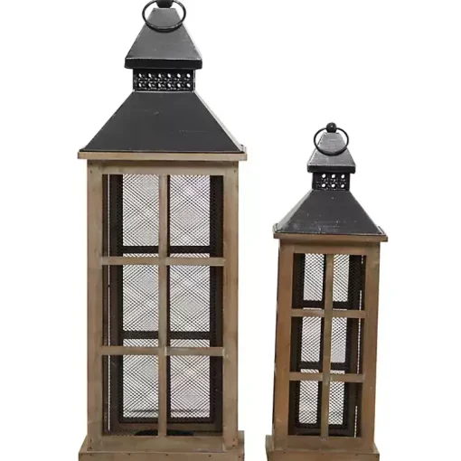 Brown Windowpane Mesh Lanterns, Set of 2