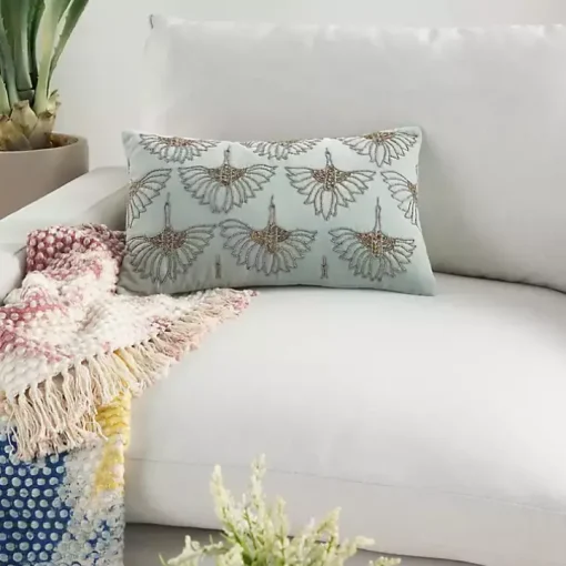 Celadon Beaded Floral Motif Lumbar Pillow