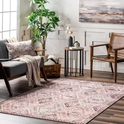 Cream & Red Diamond Trellis Washable Area Rug, 5x8