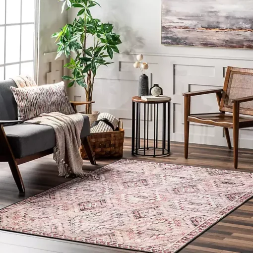 Cream & Red Diamond Trellis Washable Area Rug, 5x8