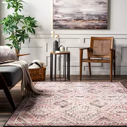Cream & Red Diamond Trellis Washable Area Rug, 5x8