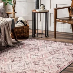Cream & Red Diamond Trellis Washable Area Rug, 5x8