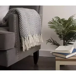 French Blue Chevron and Fringe Throw