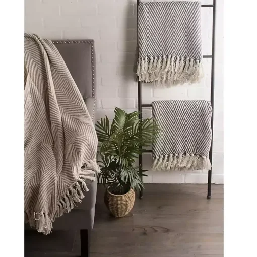 French Blue Chevron and Fringe Throw