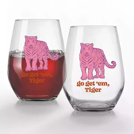 Go Get 'Em, Tiger Stemless Wine Glasses, Set of 2