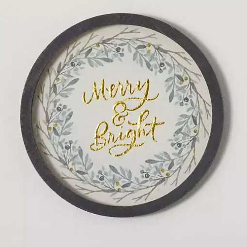 Gold Merry and Bright Round Framed Art Print