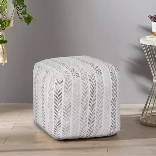 Gray and White Chevron Cotton Pouf