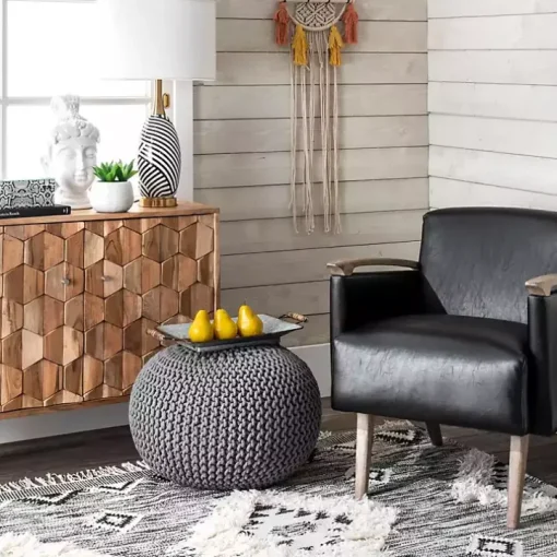 Gray Chain Knitted Round Pouf