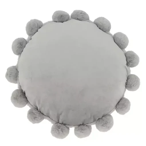 Gray Faux Fur Round Pom Pom Throw Pillow