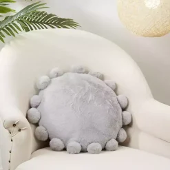 Gray Faux Fur Round Pom Pom Throw Pillow