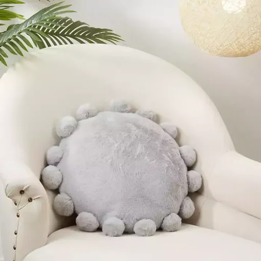 Gray Faux Fur Round Pom Pom Throw Pillow