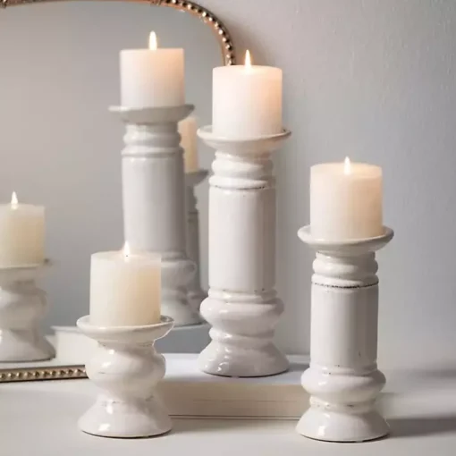 Ivory Ceramic Column Pillar Holders, Set of 3