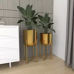 Metallic Gold Planters with Stands, Set of 2