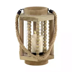 Natural Wood Beaded & Rope Handle Lantern