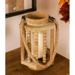 Natural Wood Beaded & Rope Handle Lantern
