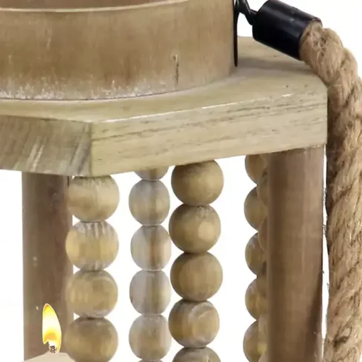 Natural Wood Beaded & Rope Handle Lantern