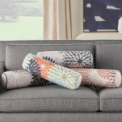 Navy and Beige Floral Outdoor Bolster Pillow
