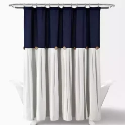 Navy and White Button Accent Linen Shower Curtain