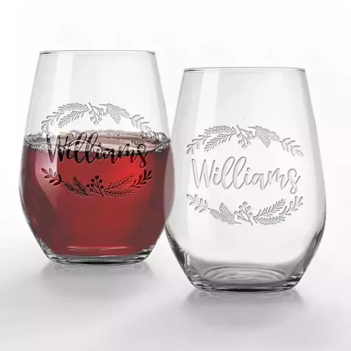 Personalized Wreath Etched Wine Glasses, Set of 2