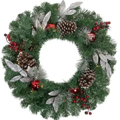Pre-Lit Silver Leaf and Pine Wreath