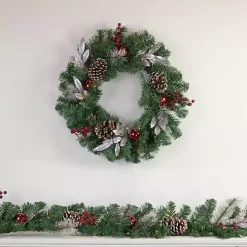 Pre-Lit Silver Leaf and Pine Wreath