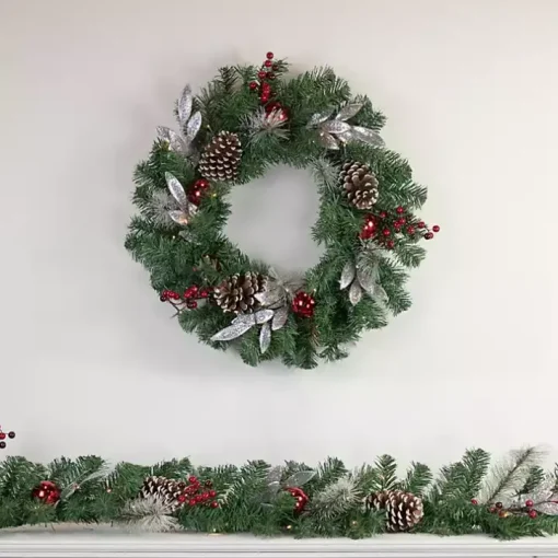 Pre-Lit Silver Leaf and Pine Wreath