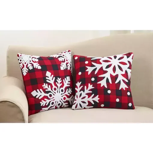 Red Buffalo Check Snowy Snowflake Christmas Pillow