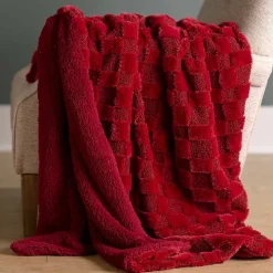 Red Faux Fur and Boucle Checkerboard Throw