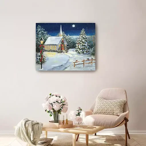 Snowy Church Scene Medium Canvas Art Print