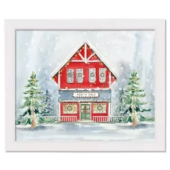 Snowy North Pole House Framed Canvas Art Print