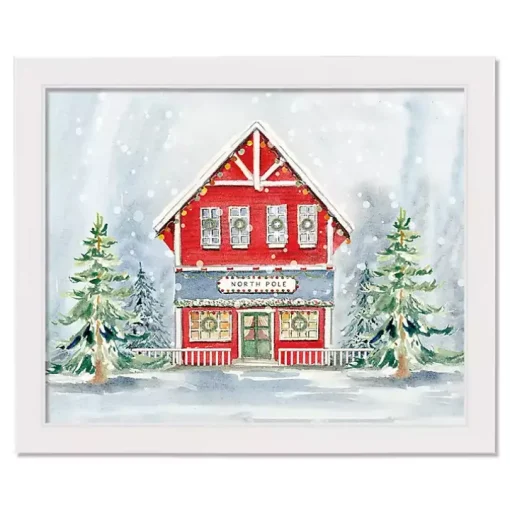 Snowy North Pole House Framed Canvas Art Print