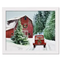 Snowy Red Barn White Framed Canvas Art Print