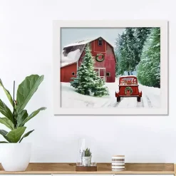 Snowy Red Barn White Framed Canvas Art Print