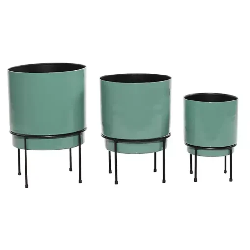 Teal Metal Round Planters with Stands, Set of 3