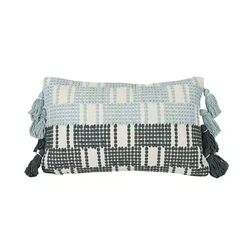 Turquoise Plaid Tassel Lumbar Pillow