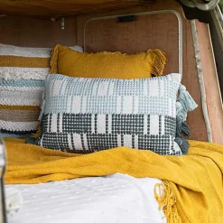 Turquoise Plaid Tassel Lumbar Pillow