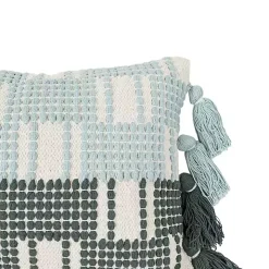 Turquoise Plaid Tassel Lumbar Pillow