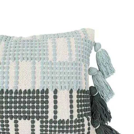 Turquoise Plaid Tassel Lumbar Pillow