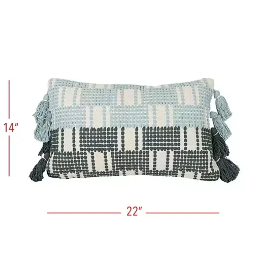 Turquoise Plaid Tassel Lumbar Pillow