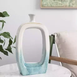 White & Turquoise Ceramic Cut-Out Vase, 14 in.