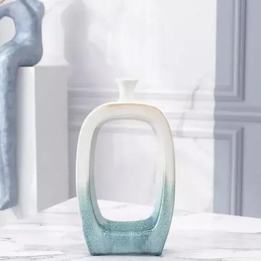 White & Turquoise Ceramic Cut-Out Vase, 14 in.