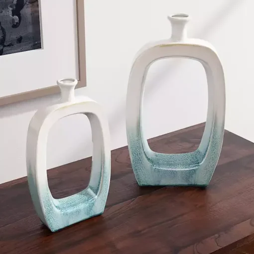 White & Turquoise Ceramic Cut-Out Vase, 14 in.