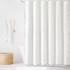 White Blue Scalloped Coastal Shower Curtain