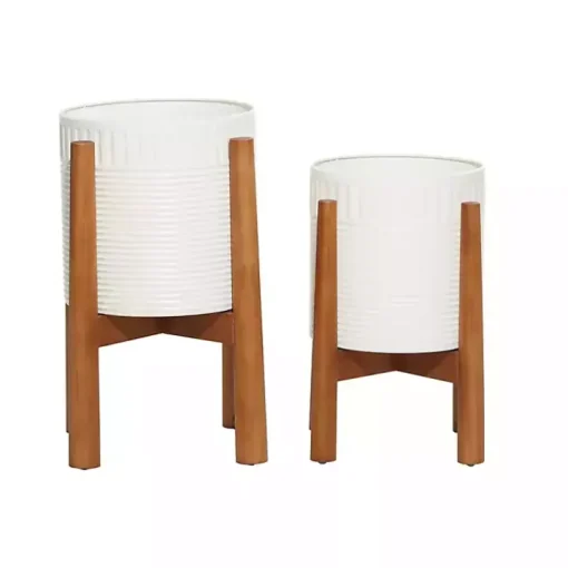 White Corrugated Iron and Wood Planters, Set of 2