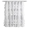 White Ruffle and Pom Pom Trim Shower Curtain