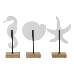 White Wood Sea Creature Statues, Set of 3