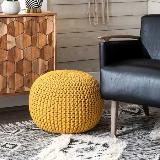 Yellow Chain Knitted Round Pouf