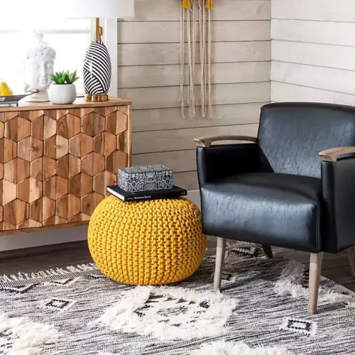 Yellow Chain Knitted Round Pouf